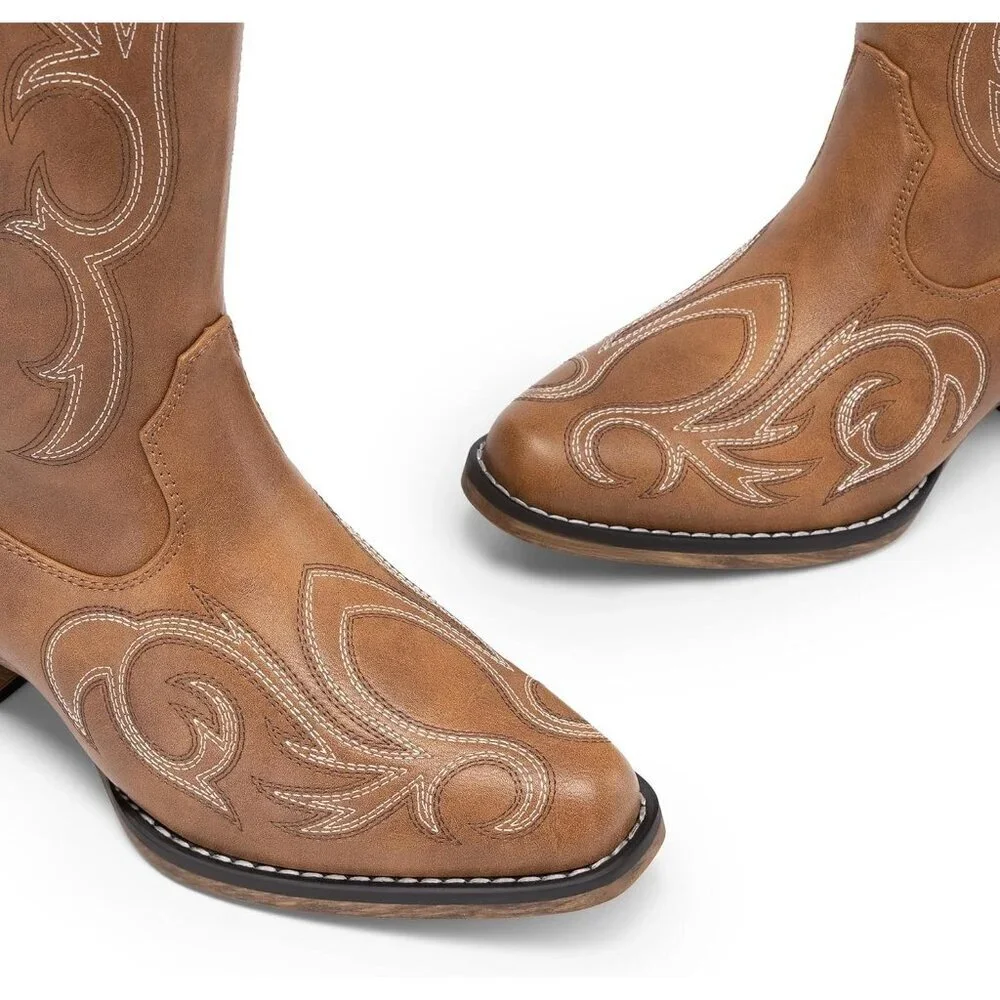 Womens Faux Leather Brown Knee High Chunky Heel Side Zipper Embroidered Boots